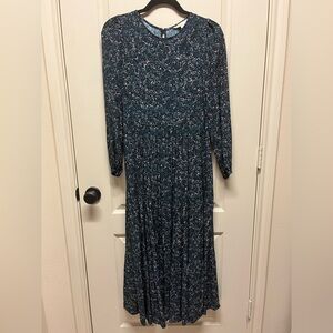 Boden Maxi Tiered Dress Long Sleeves UK 10P US 6P Unlined In Navy Multi Colors